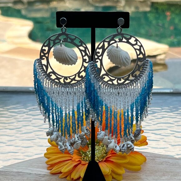 Handmade Beaded Large Long Tassel Fringe Dangle Drop Mermaid Post Shell Earrings - Picture 8 of 9